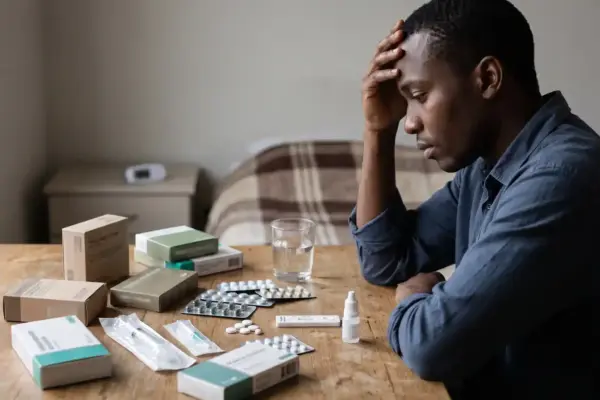 Young man with malaria medicines and multiple antimalarial packages representing uncertainty about treatment and fake malaria medicines.