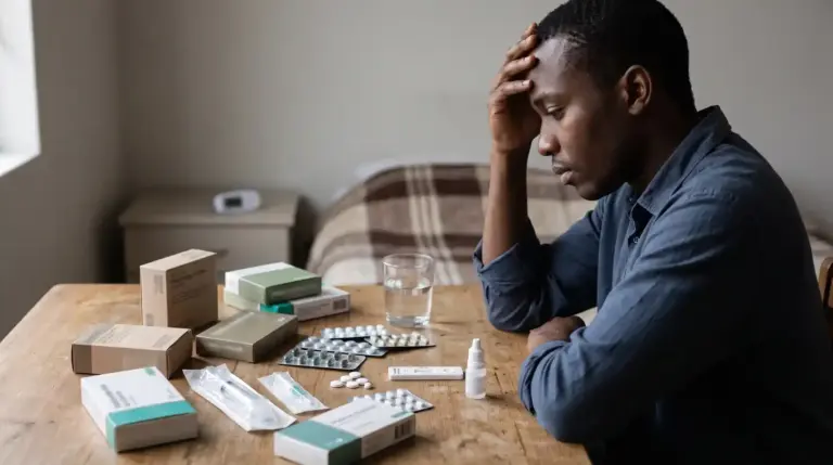 Young man with malaria medicines and multiple antimalarial packages representing uncertainty about treatment and fake malaria medicines.