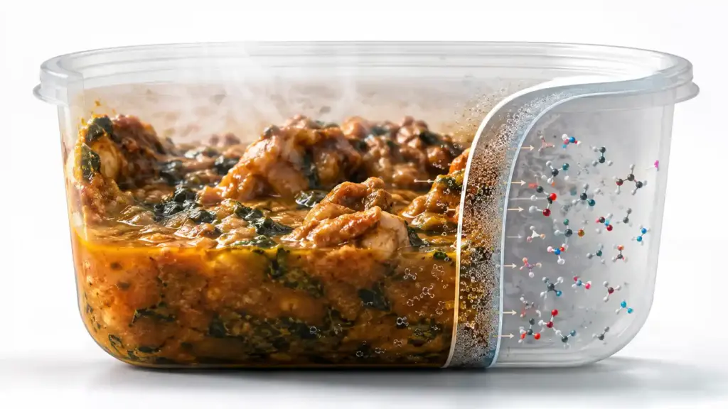 Scientific illustration showing substances migrating from food packaging into hot food.
