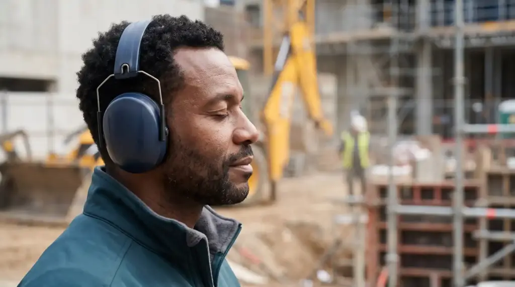 Person exposed to loud sound wearing hearing protection