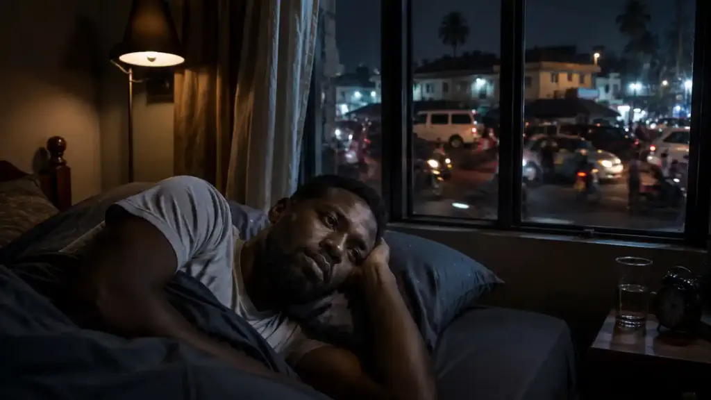 Noise pollution at night: Person unable to sleep because of nighttime traffic and environmental noise outside the bedroom.