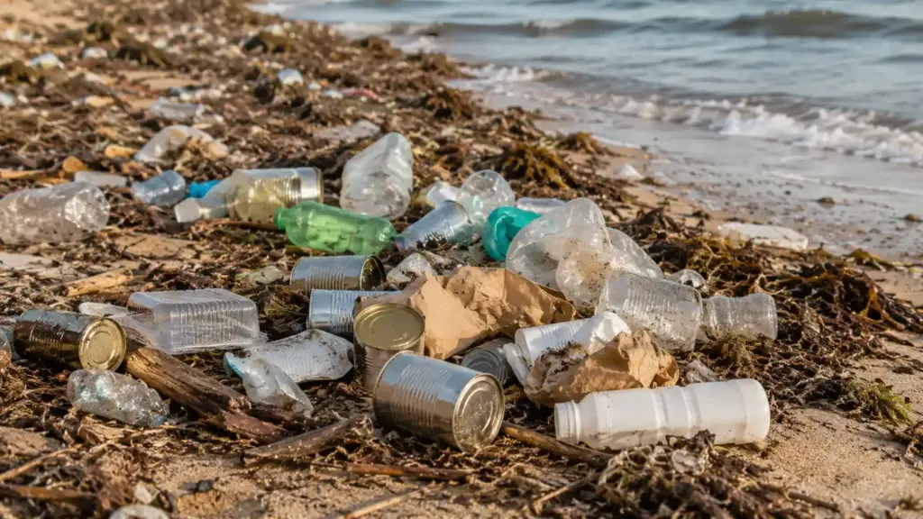 Improperly disposed food packaging materials on the shoreline.