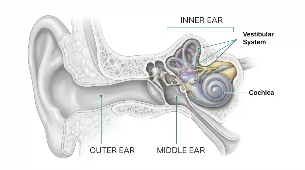 Cross-section showing the inner ear (in color). The Vestibular system and cochlea are labelled. The middle and outer ear are greyed out.