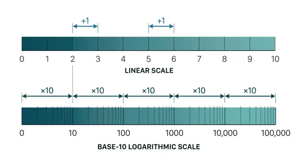 Linear and logarithmic scales showing the difference between equal numerical increases and tenfold increases.