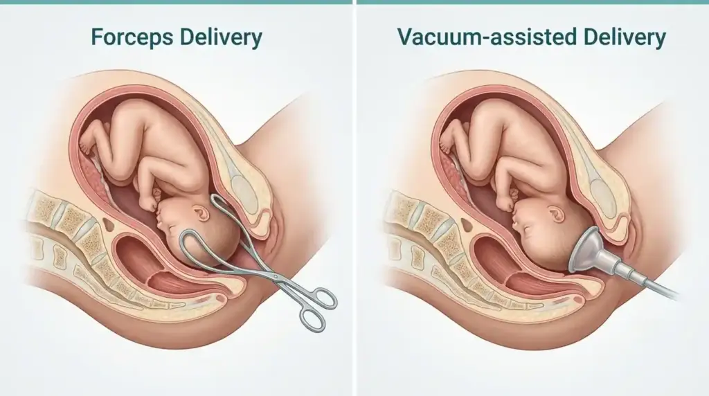 Medical comparison showing forceps delivery and vacuum-assisted delivery with anatomically correct placement of each instrument on the baby's head during vaginal birth.