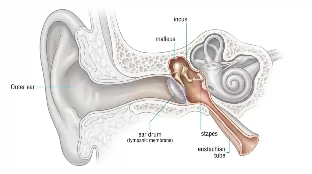 Cross-section showing the middle ear (in color); the Outer ear and Inner ear are greyed out.