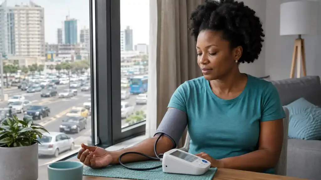 A person living near a busy road exposed to environmental noise is having the blood pressure checked.