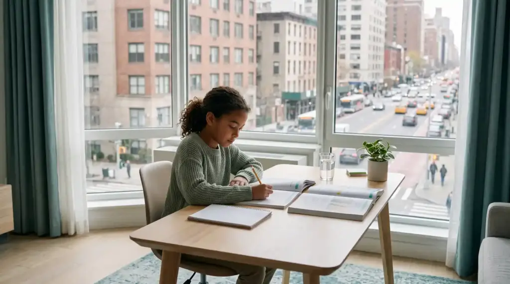 Child studying near a noisy urban environment.