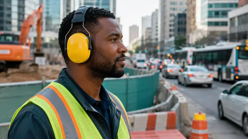 Person exposed to environmental noise with hearing protection.