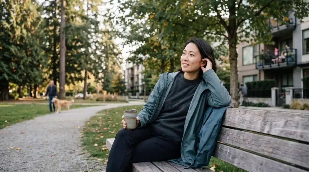 Person enjoying ordinary everyday sound in a quiet outdoor setting.