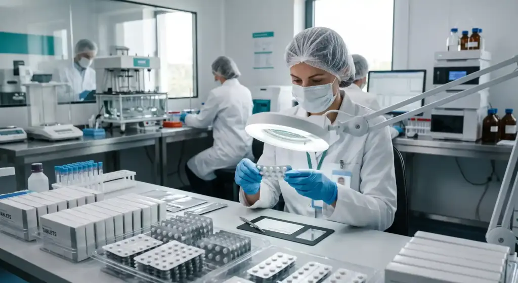Pharmaceutical medicines undergoing quality assurance checks in a laboratory.
