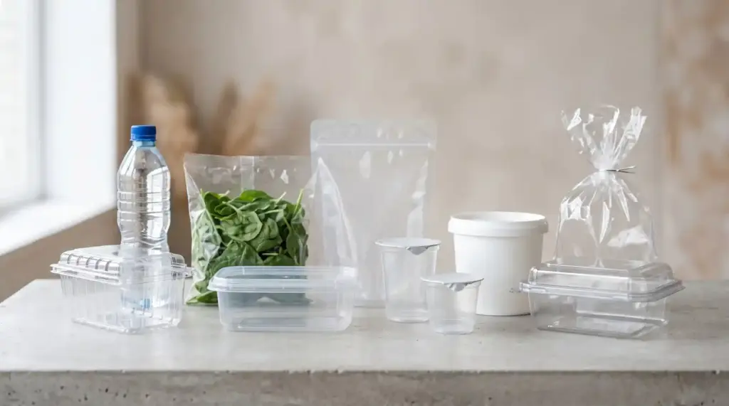 A variety of plastic-based materials used for food packaging.