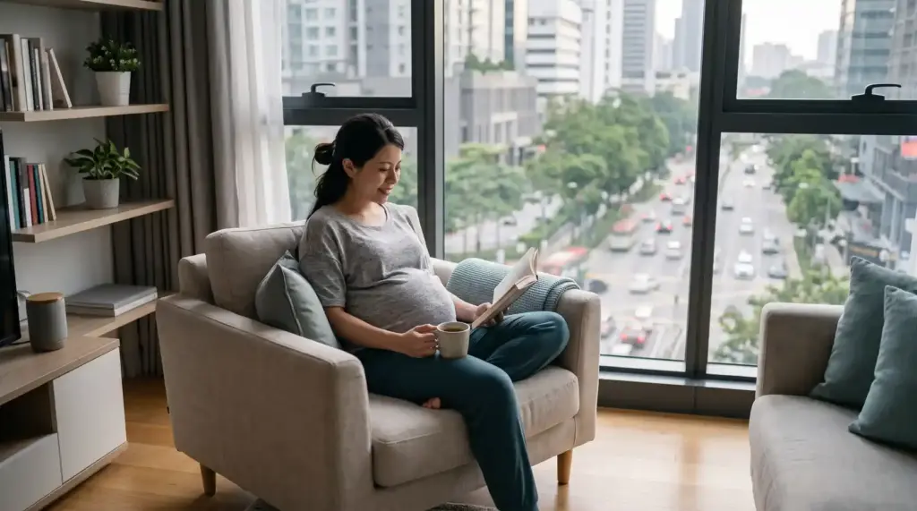 Pregnant woman at home near an urban environment.
