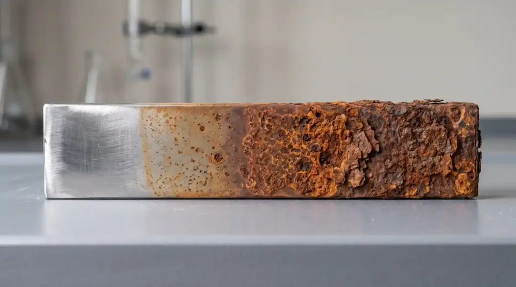 Progressive corrosion of iron and steel, from clean metal through early surface oxidation to visible rust.