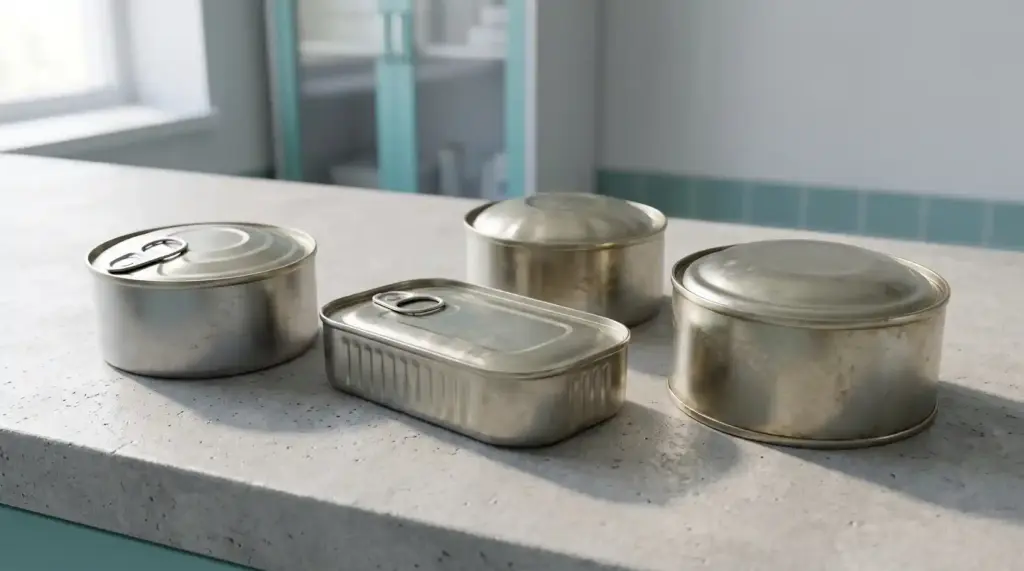 Swollen cans used for food packaging, which may indicate gas production associated with microbial growth or other deterioration, for example, Clostridium botulinum.