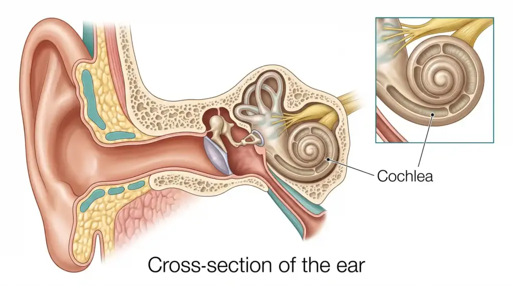 Anatomical medical illustration showing the cochlea within the inner ear and its connection to the auditory nerve.