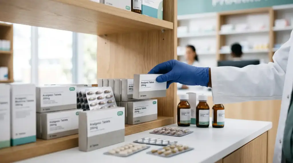 Over-the-counter medicines displayed in a pharmacy setting.