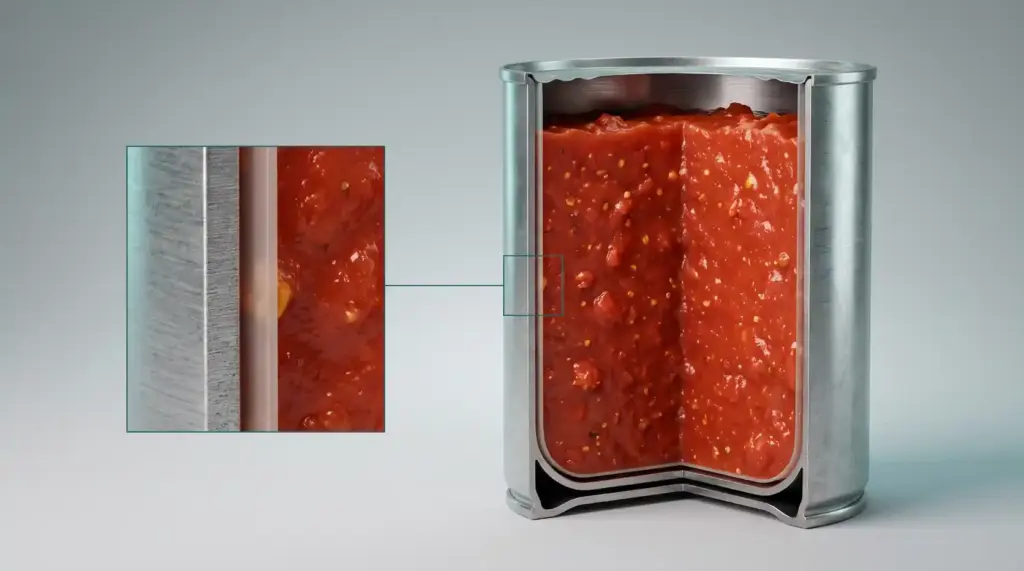 Cross-section of a metal food can showing its internal protective lining