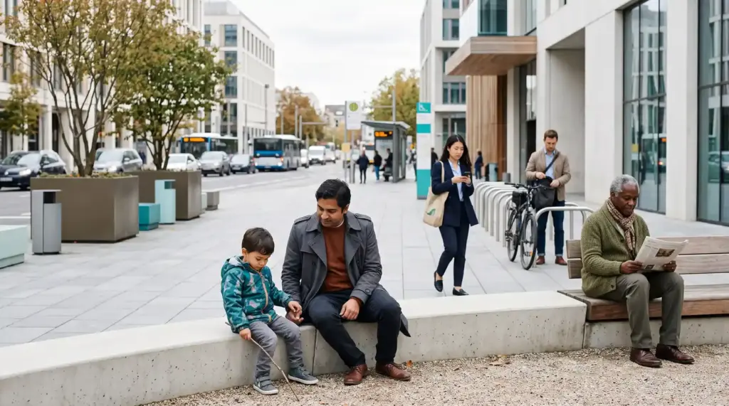 Children, older adult, and other residents in a noisy urban environment.