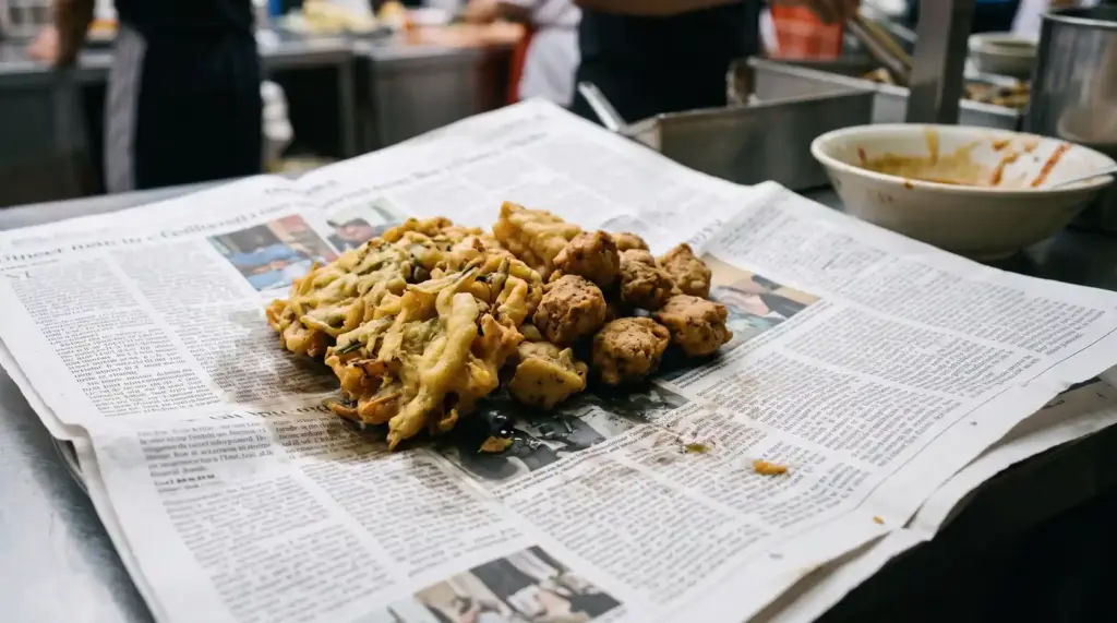 Fried food placed directly on printed newspaper illustrating inappropriate food contact