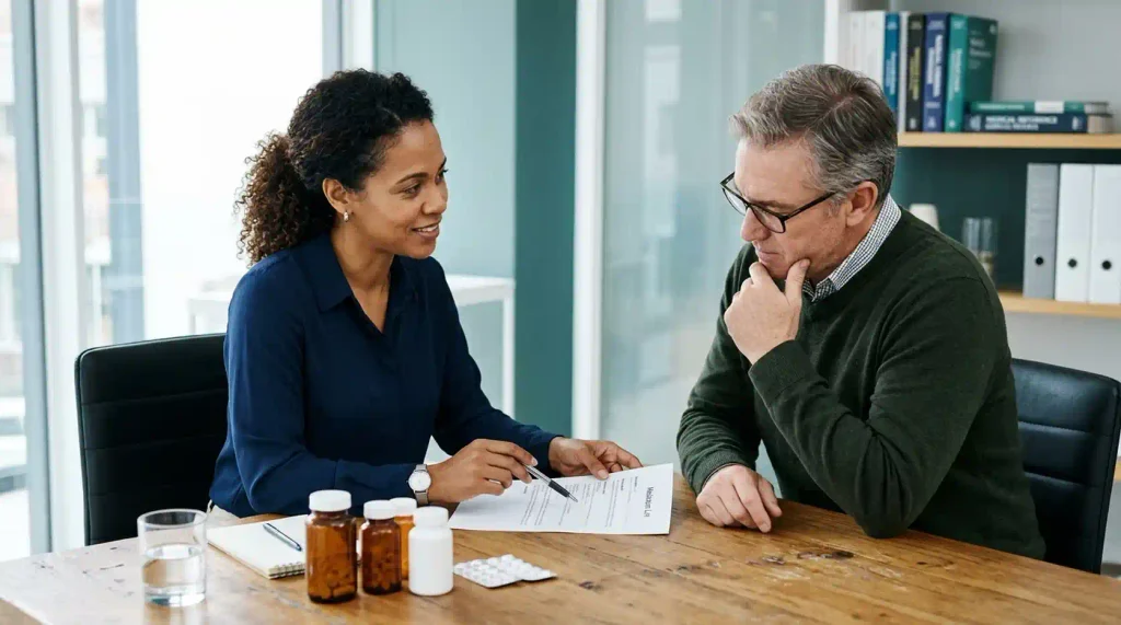 A pharmacist and adult patient reviewing a medication list beside several medicine containers.