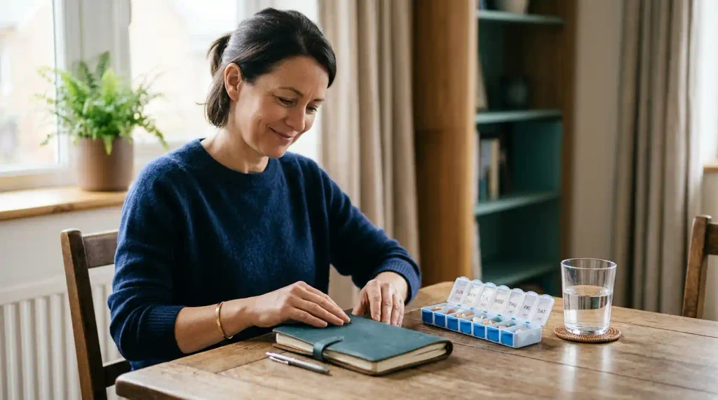 An organized medication list and pill organizer on a home table.