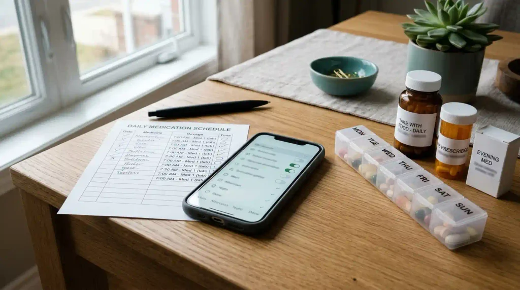 A smartphone, medication list, pen, and pill organizer arranged together.