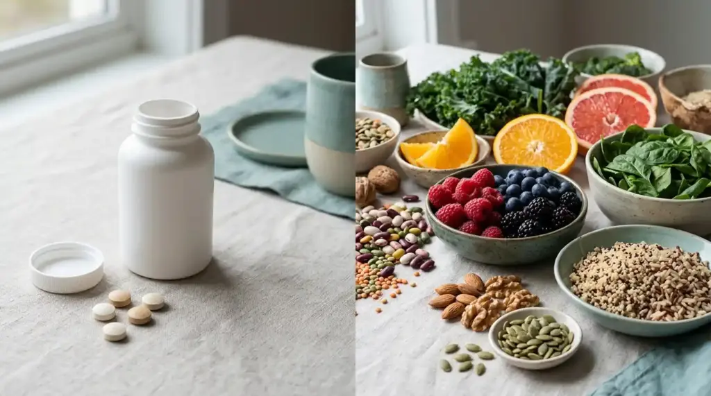 An unbranded multivitamin container and tablets arranged beside a selection of whole foods.