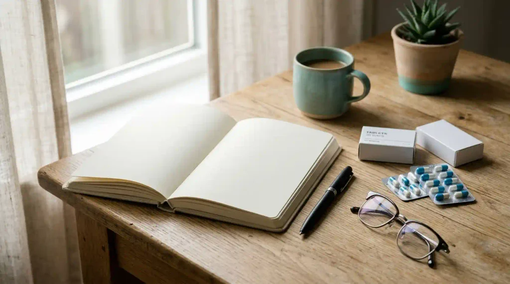 An open notebook and medicine packages arranged for learning about medication safety.