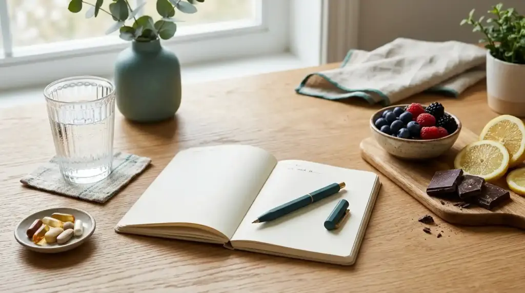 A notebook, pen, supplement capsules, glass of water, and everyday foods arranged on a clean surface.