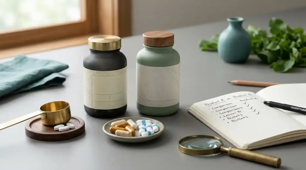 Two unbranded supplement containers, tablets, a measuring scoop, and a notebook arranged for comparison.