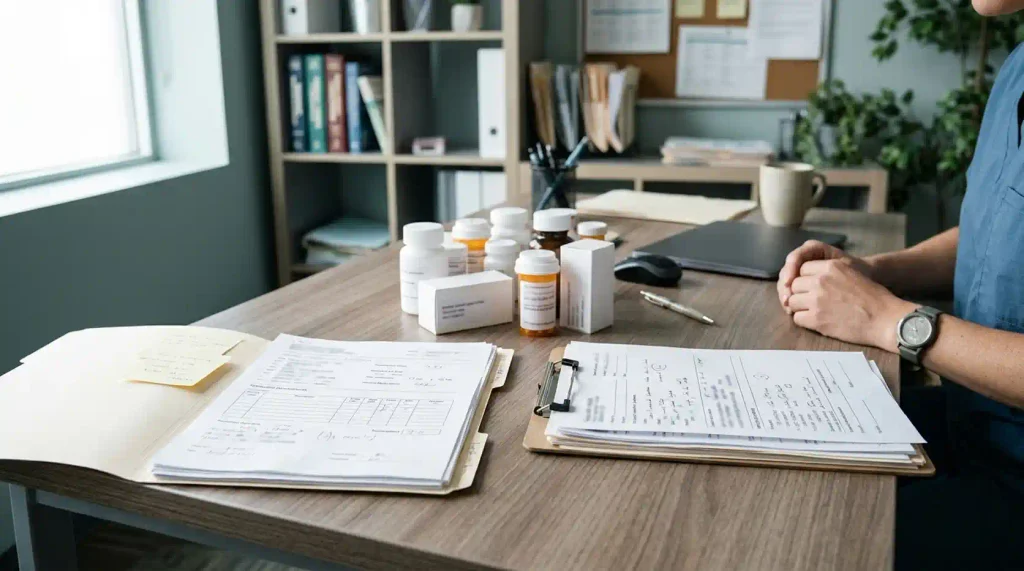Separate clinical notes and medication lists beside medicine containers on a desk.