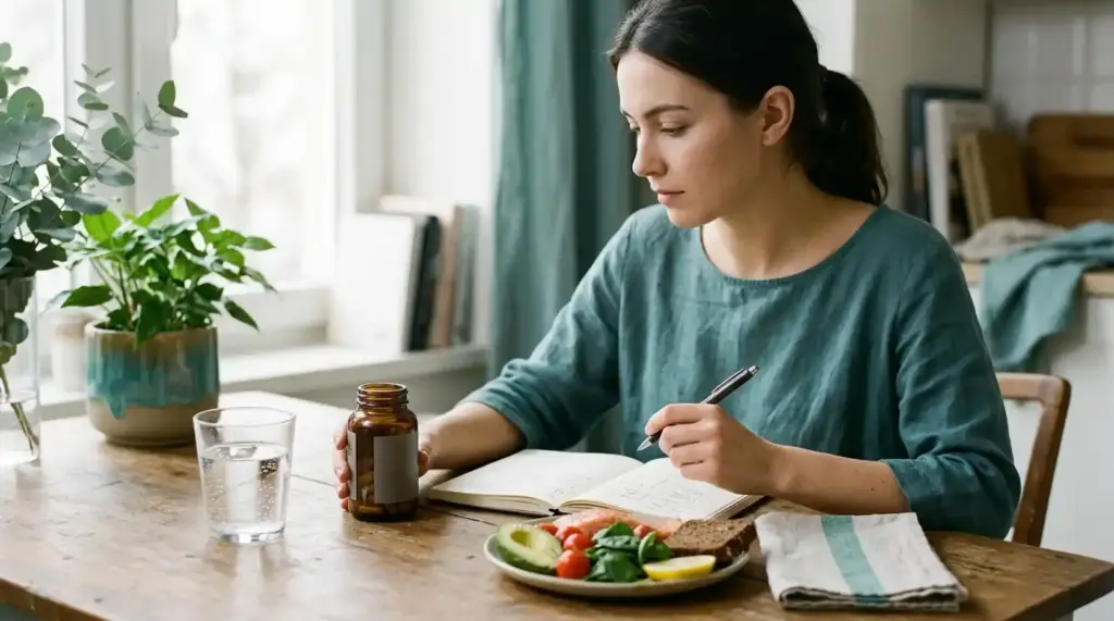 A notebook, pen, unbranded supplement container, and glass of water arranged for a personal health decision.