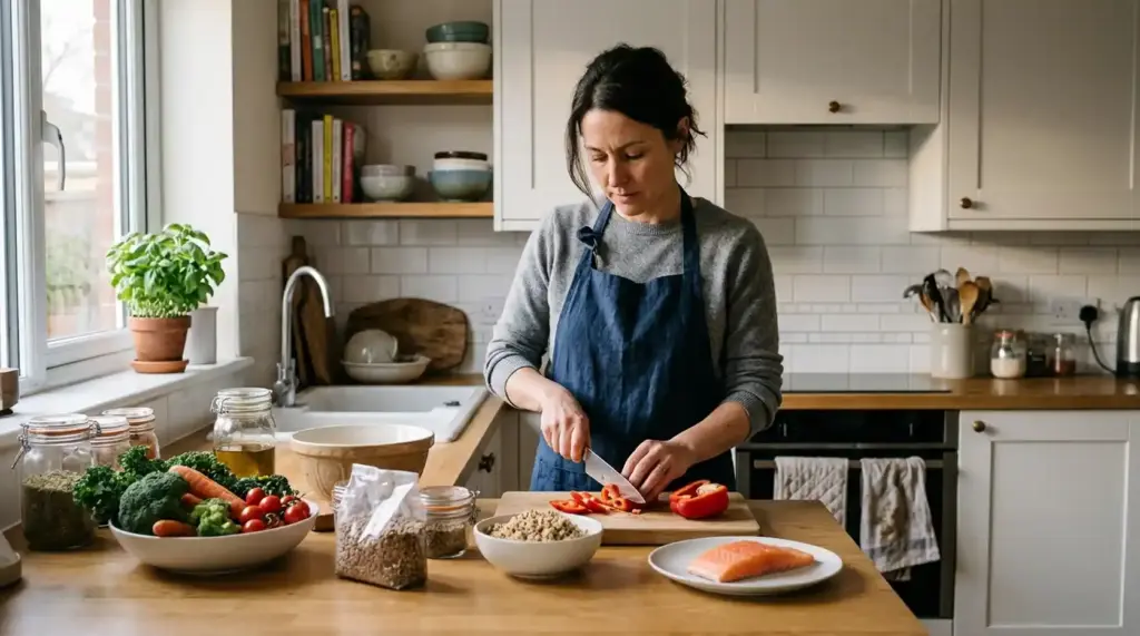 An adult preparing a balanced meal with vegetables, grains, and protein-rich foods in a home kitchen.