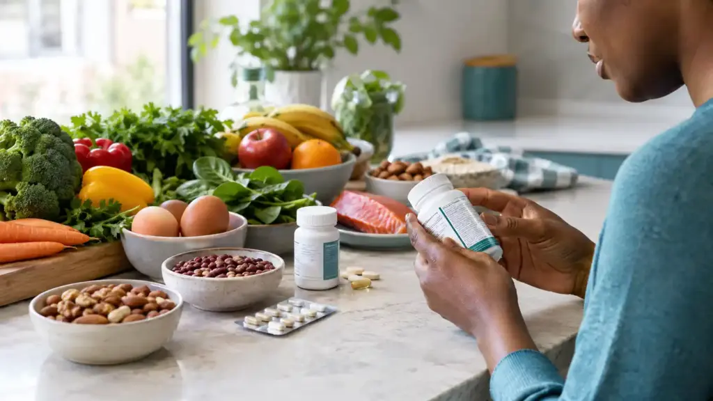 Do you need supplements? Foods, vitamins, and mineral supplements arranged together