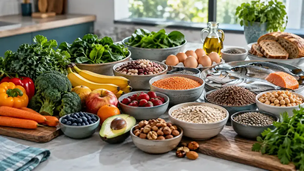 A varied selection of vegetables, beans, eggs, fish, nuts, and whole grains representing dietary sources of essential nutrients.