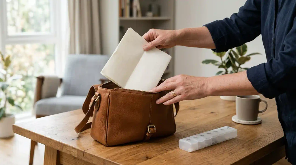An adult packing a medication list for an outing.