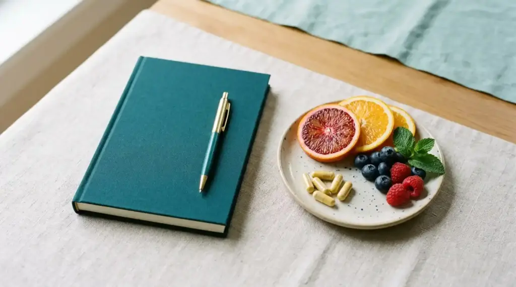 A notebook, fresh foods, and a few supplement capsules arranged in a simple summary composition.