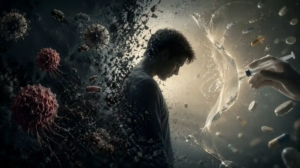 A human figure which appears blended with infectious agents and cancer cells, faces pills and syringes, illustrating the Balance Between Healing and Harm.
