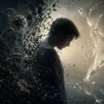 A human figure which appears blended with infectious agents and cancer cells, faces pills and syringes, illustrating the Balance Between Healing and Harm.