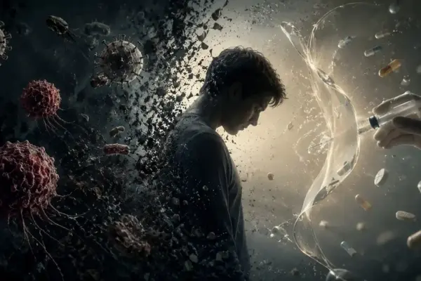 A human figure which appears blended with infectious agents and cancer cells, faces pills and syringes, illustrating the Balance Between Healing and Harm.