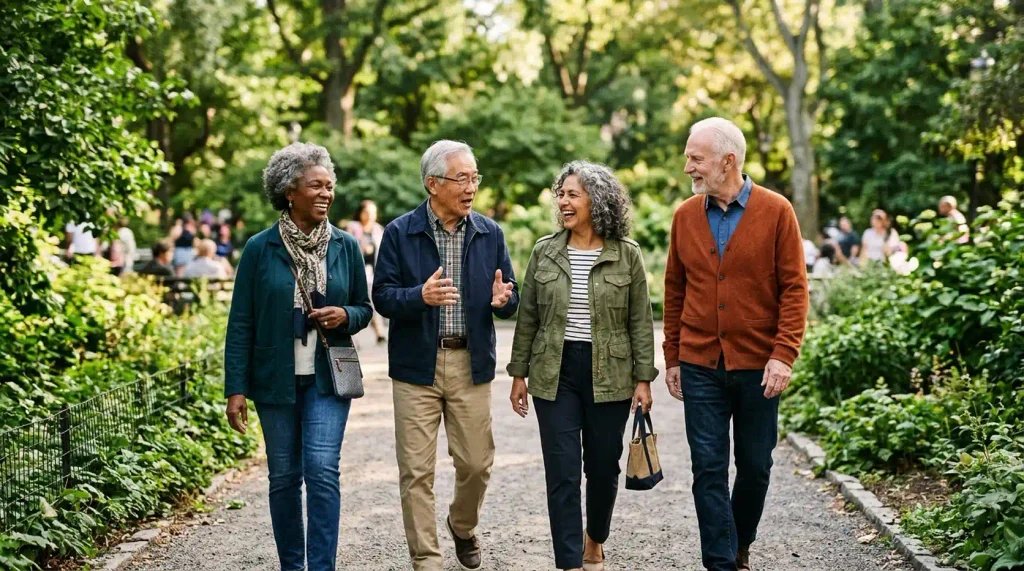 Older adults from diverse backgrounds enjoying time together outdoors.