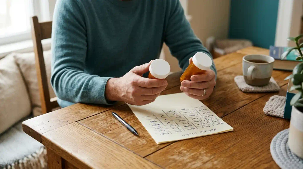 An adult checks two medicine containers against a medication schedule.