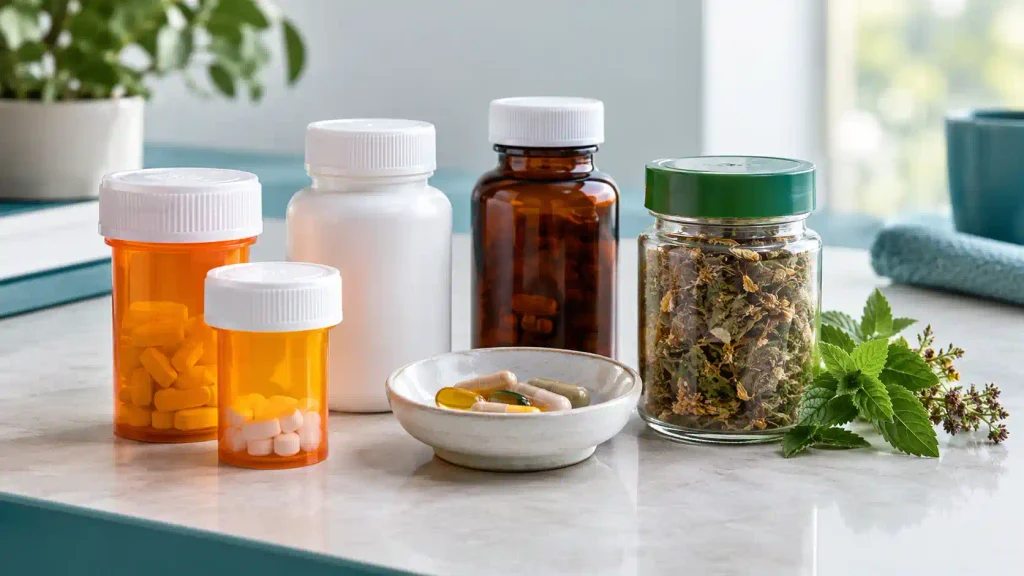 Prescription medicine containers, a vitamin bottle, and an herbal preparation arranged together on a table.