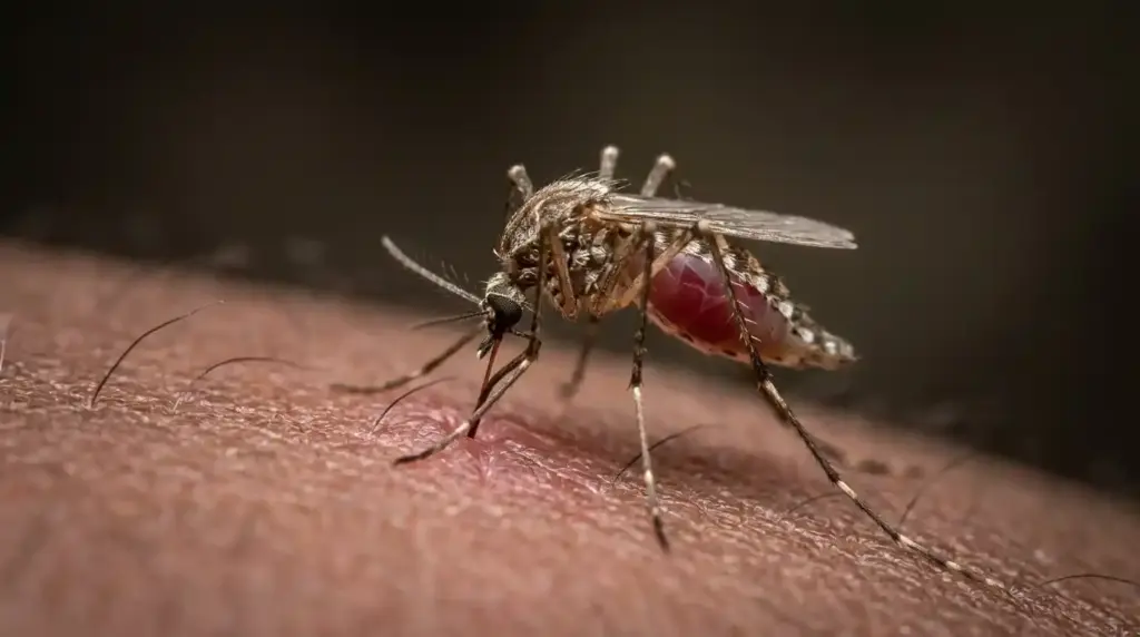 Close-up of a mosquito feeding on blood.