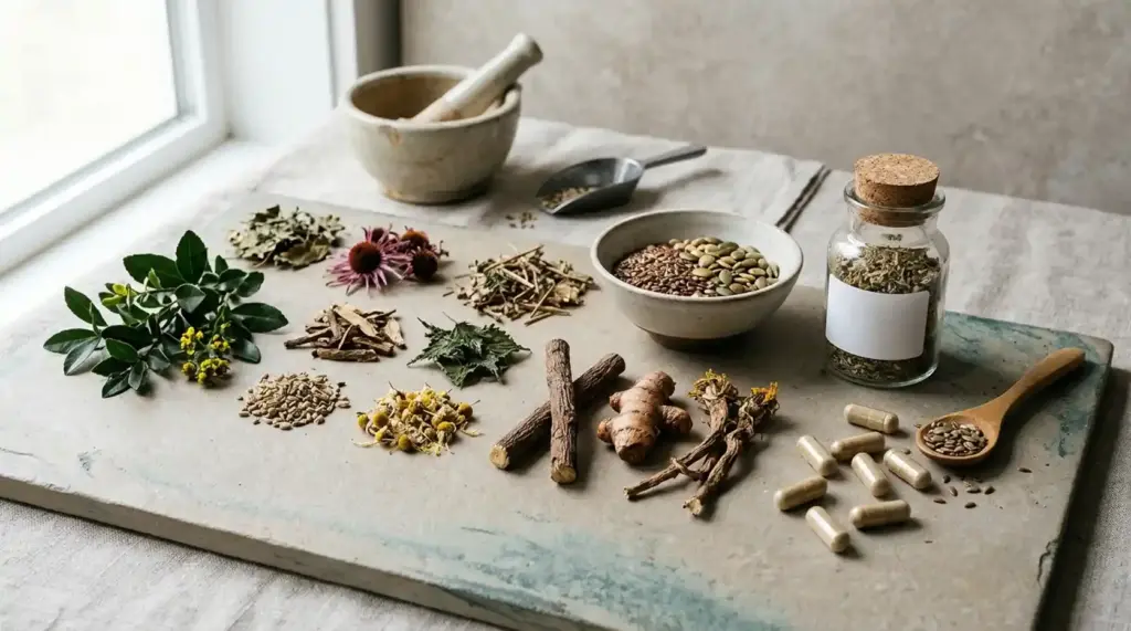 Dried herbs, botanical leaves, roots, and unbranded supplement capsules arranged on a neutral surface.