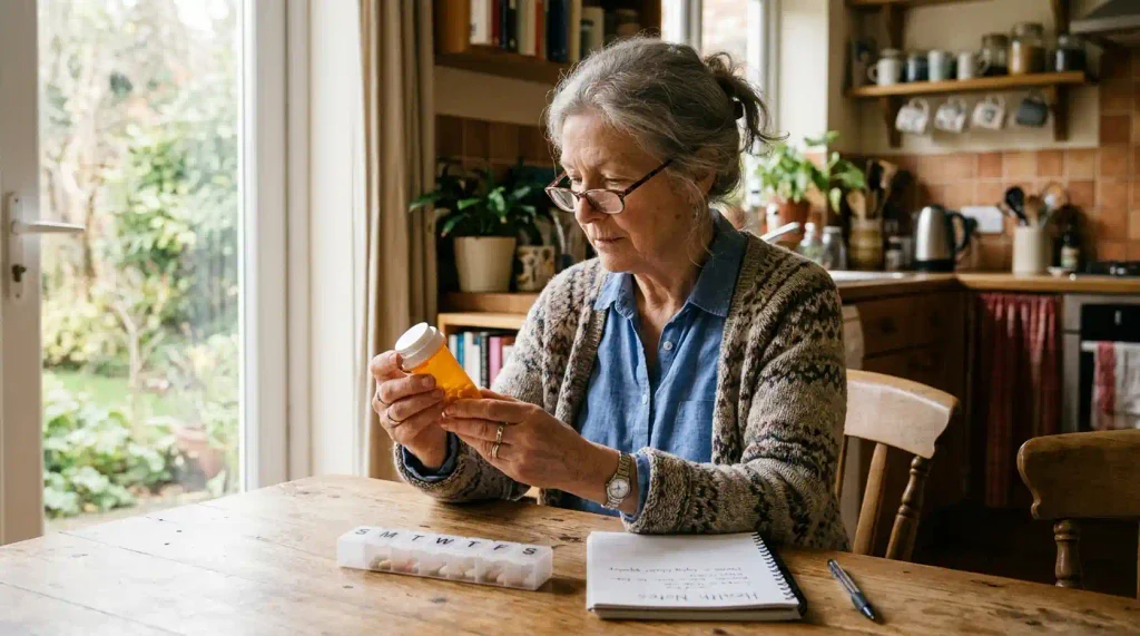 An older adult checking a medicine container with a pill organizer nearby.