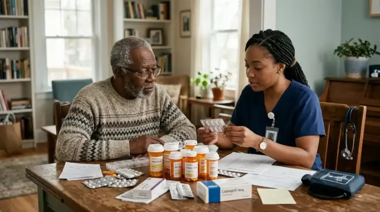 Older African patient and physician reviewing several prescription medicines together during a clinic consultation.