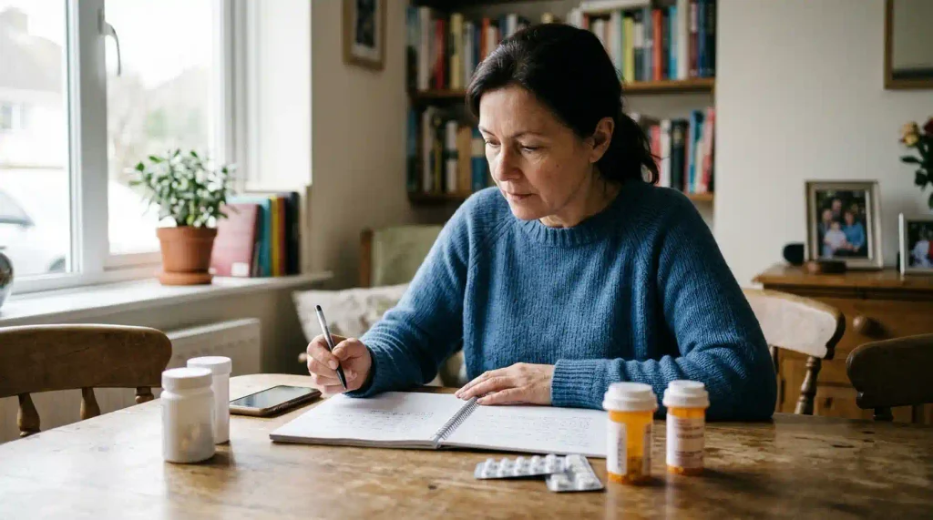 An adult organizing medicines and notes before a healthcare appointment.