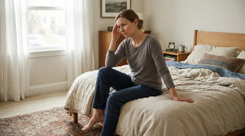 An adult sitting on the edge of a bed, with mild distress.